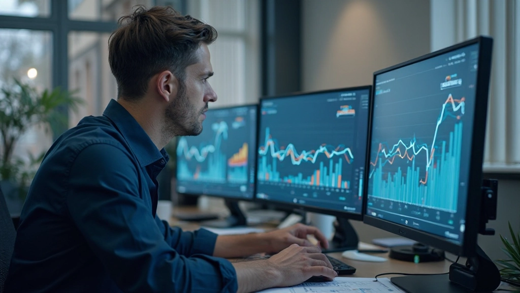 Analytik interpretujúci grafy konverzie na monitore, profesionálne pracovné prostredie