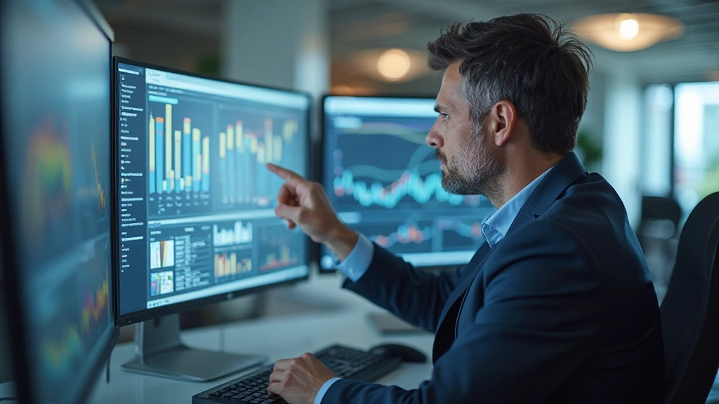 Analytik študuje grafy a štatistiky konverzných mier na počítači s analýznym softvérom