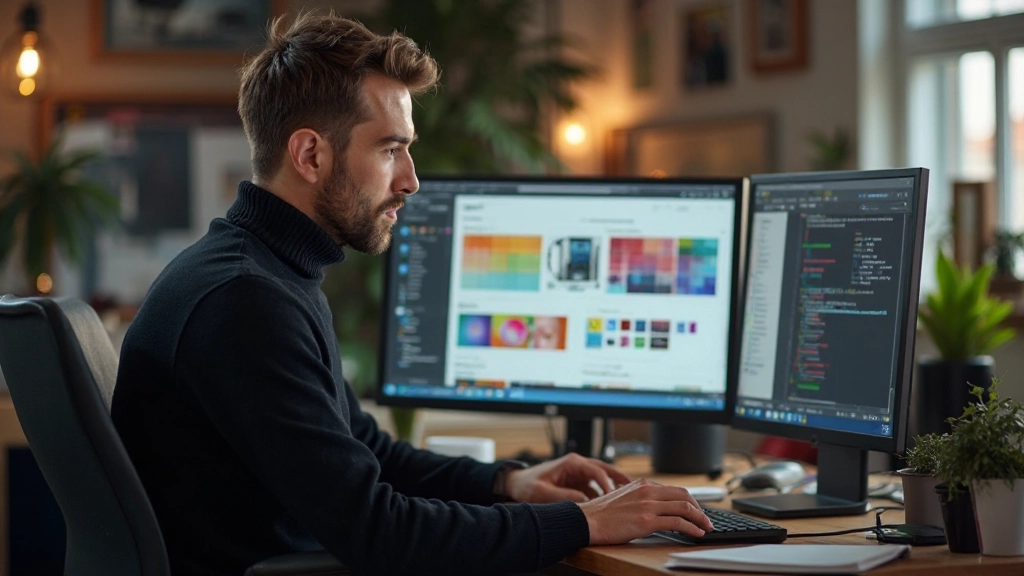 Grafický návrhár pracujúci na modernom web dizajne s farbami a typografiou, kreatívne pracovné prostredie