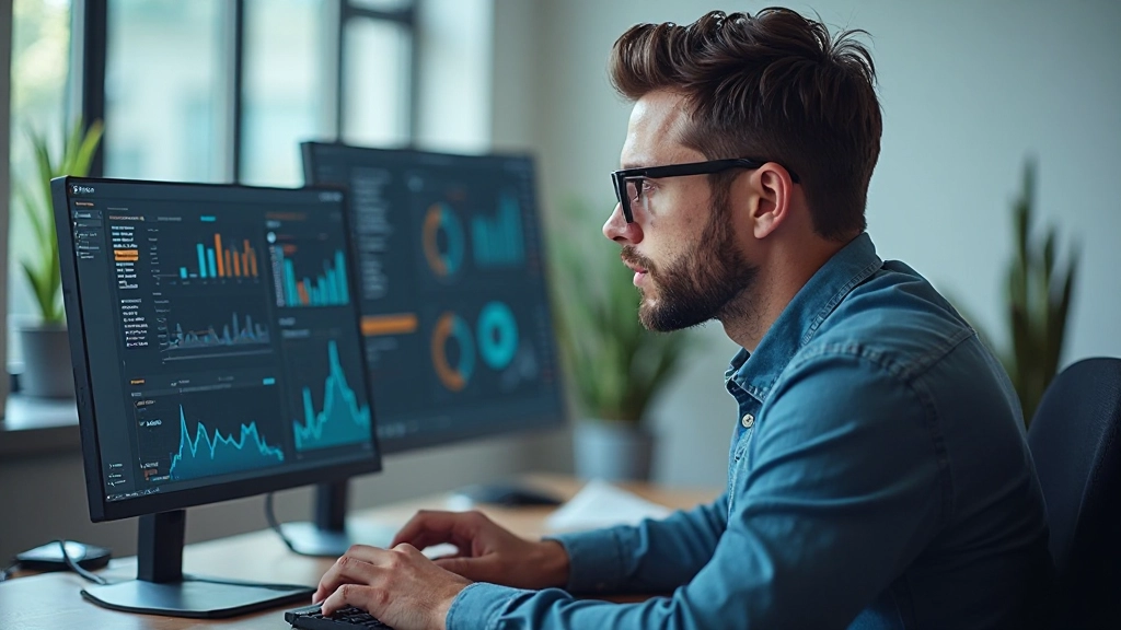 Profesionálny vývojár analyzujúci metriky výkonnosti stránky na monitore, moderná kancelária s tichým pozadím