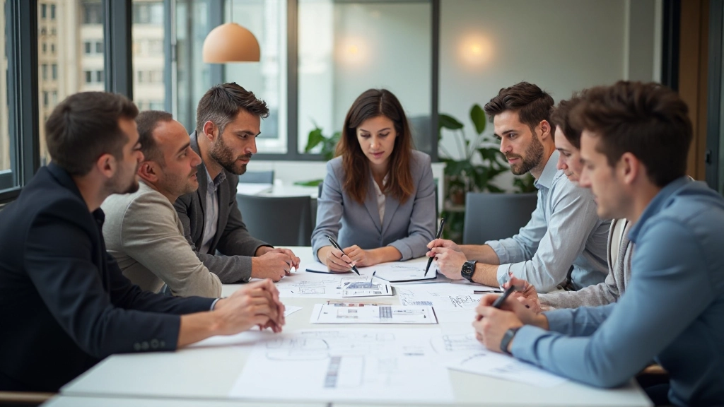 Tím plánovateľov sedí okolo stola s náčrtkami a plánmi pre novú vstupnú stránku