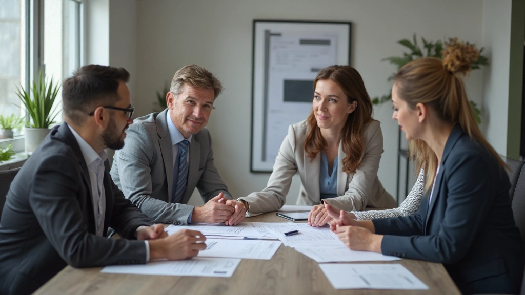 Tím projektových manažérov diskutuje o stratégii návrhového projektu pri stole