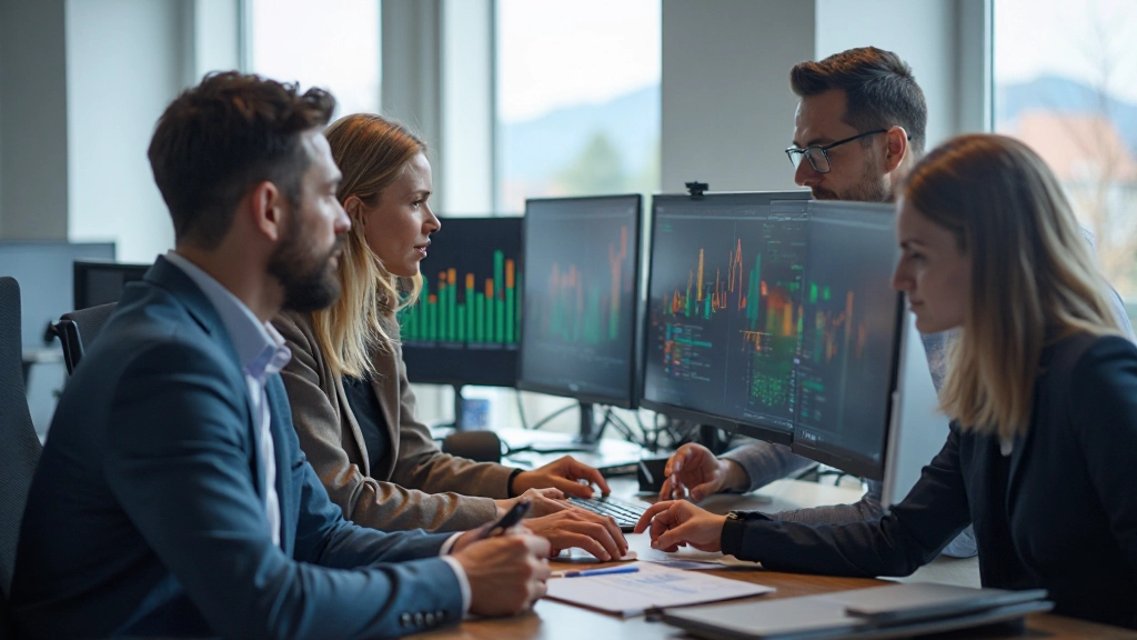 Profesionálny tím vykonávajúci analýzu testovacích údajov na počítačoch v kancelárskom prostredí