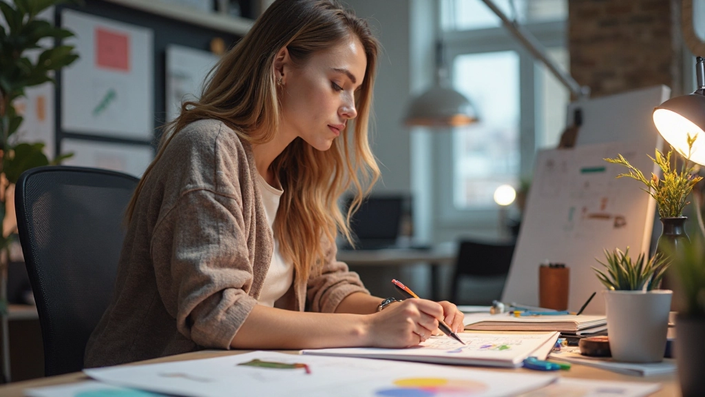 Dizajnér pracujúci na makete webovej stránky s farbami a dizajnerskými prvkami