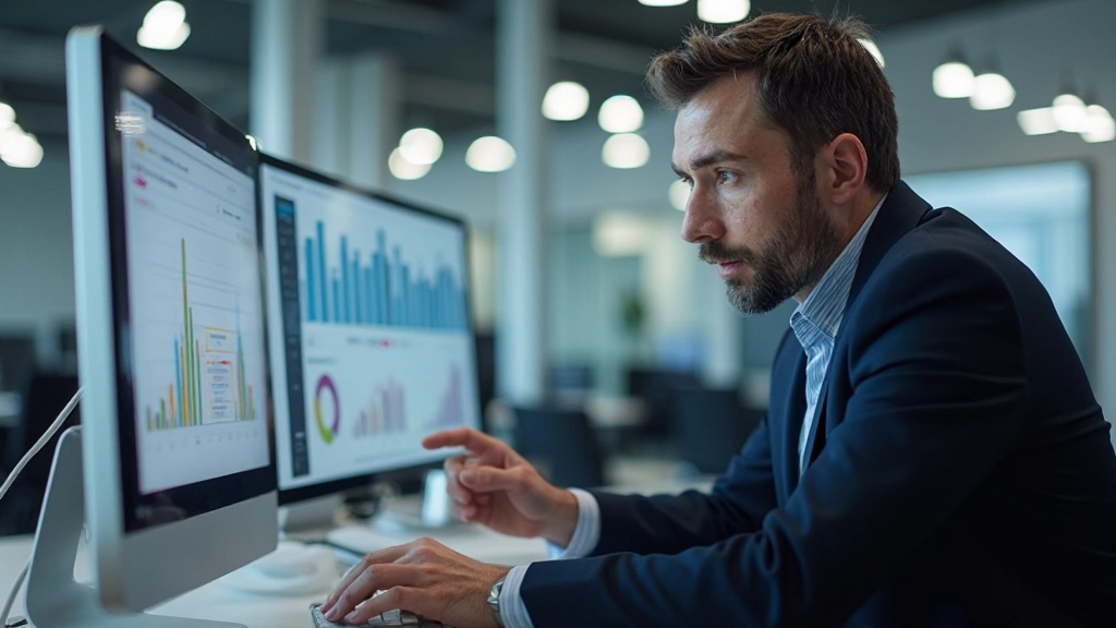 Marketingový špecialista analyzuje metriky výkonnosti webovej stránky na monitore