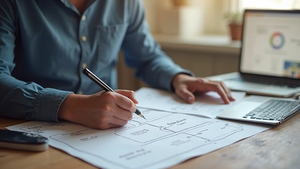 Profesionálny dizajnér pracujúci na makete vstupnej stránky s tabuľkou a poznámkami na stole